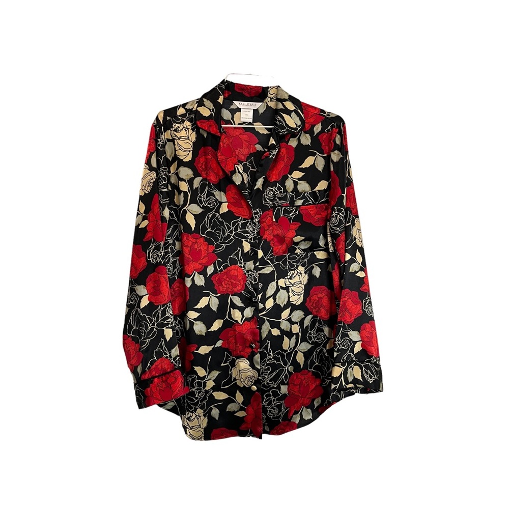 Bali Studio Collection Floral Black Red Long Sleeve Button Up Shirt Womens Sz S